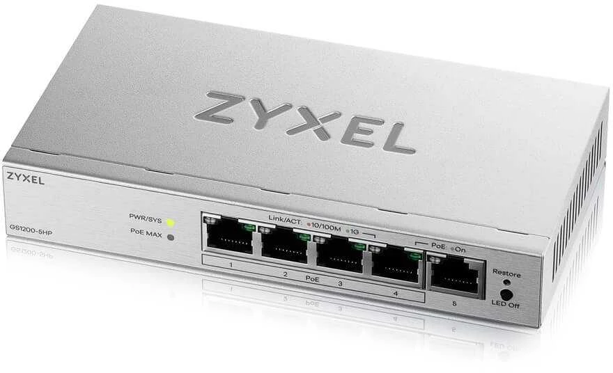 Šakotuvas „Zyxel GS1200-5HPV3“ valdomas L2 gigabito Ethernet (10/100/1000) maitinimas per Ethernet (PoE) darbalaukio pilkas