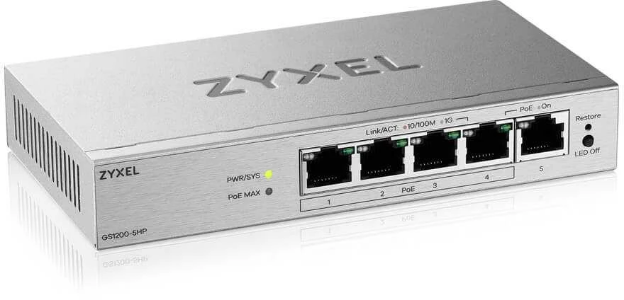 Šakotuvas „Zyxel GS1200-5HPV3“ valdomas L2 gigabito Ethernet (10/100/1000) maitinimas per Ethernet (PoE) darbalaukio pilkas