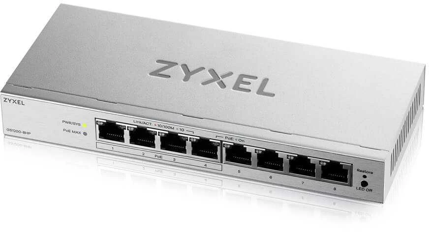 Šakotuvas „Zyxel GS1200-8HPV3“ valdomas L2 gigabito Ethernet (10/100/1000) maitinimas per Ethernet (PoE) darbalaukio pilkas