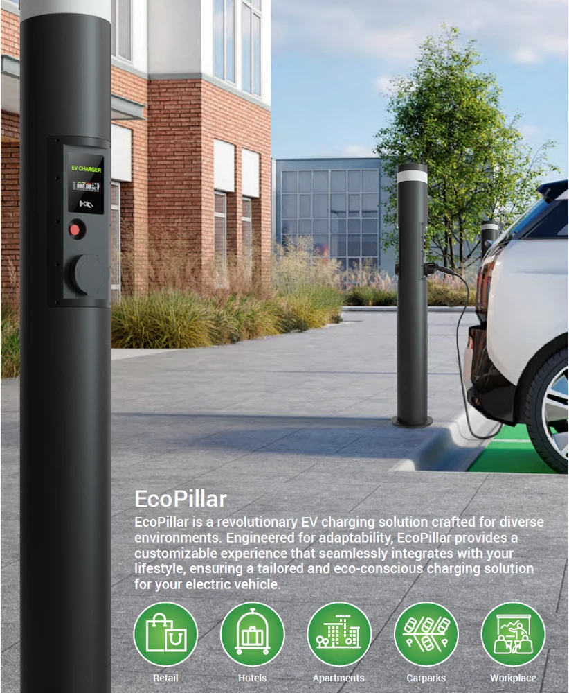 Įkrovimo stotelė EcoPillar 2x22kW su OCPP protokolu, valdymu Wi-fi