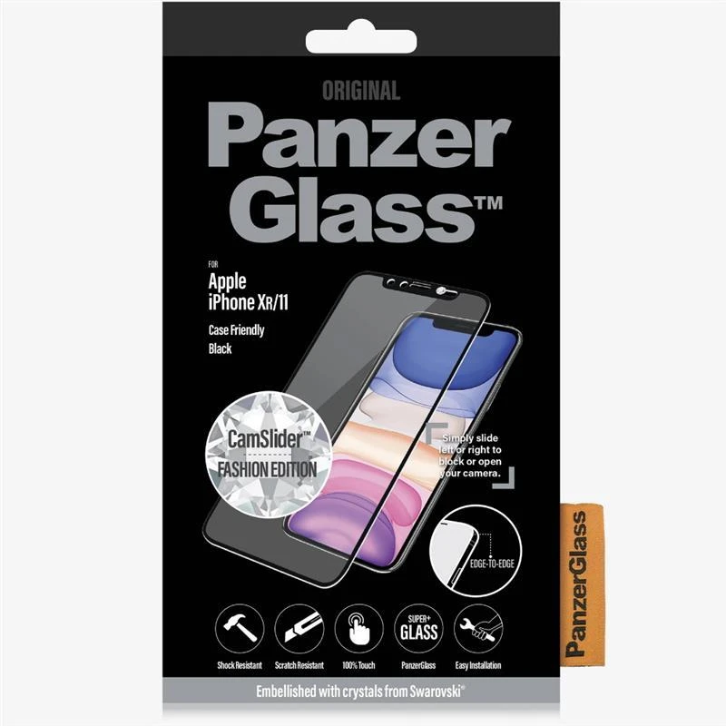 Panzer Glass PanzerGlass E2E Super+ grūdintas stiklas su fotoaparato dangteliu su Swarovski kristalu, skirtas iPhone XR / 11 - su juodu rėmeliu