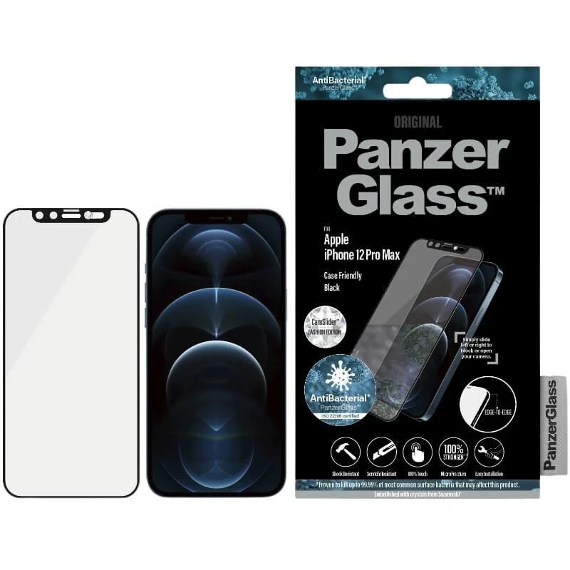 Panzer Glass PanzerGlass E2E mikrolūžių antibakterinis stiklas su fotoaparato dangteliu su Swarovski kristalu Apple iPhone 12 Pro Max - su Juodas rėmeliu