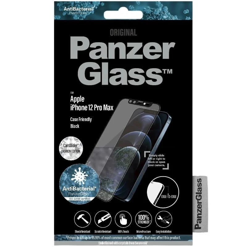 Panzer Glass PanzerGlass E2E mikrolūžių antibakterinis stiklas su fotoaparato dangteliu su Swarovski kristalu Apple iPhone 12 Pro Max - su Juodas rėmeliu