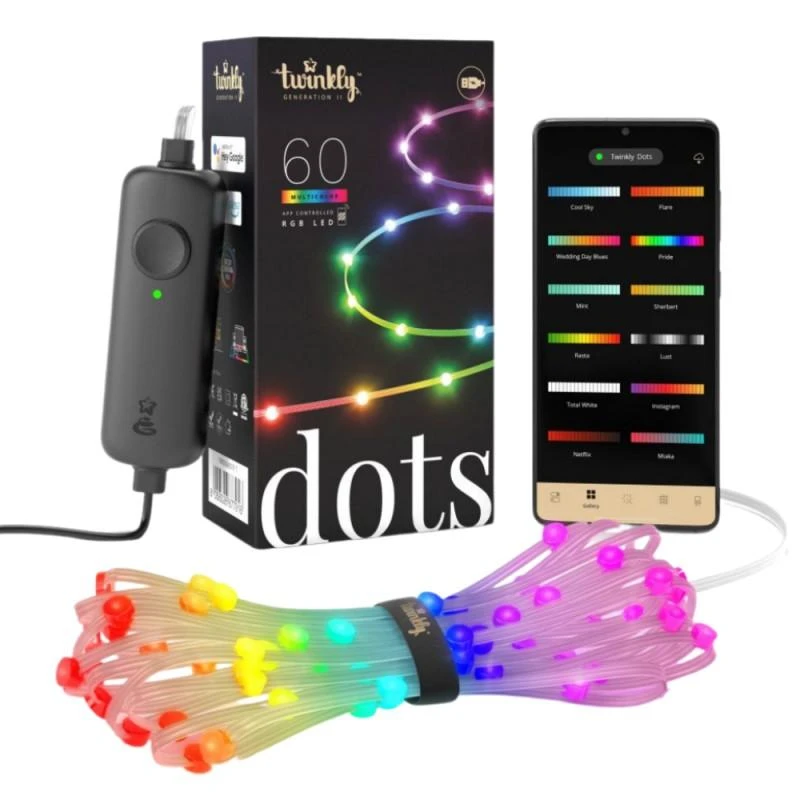 „Twinkly Dots“ išmaniosios LED lemputės, 60 RGB (daugiaspalvės), maitinamos USB, 3 m, skaidrios RGB – 16 mln.+ spalvų
