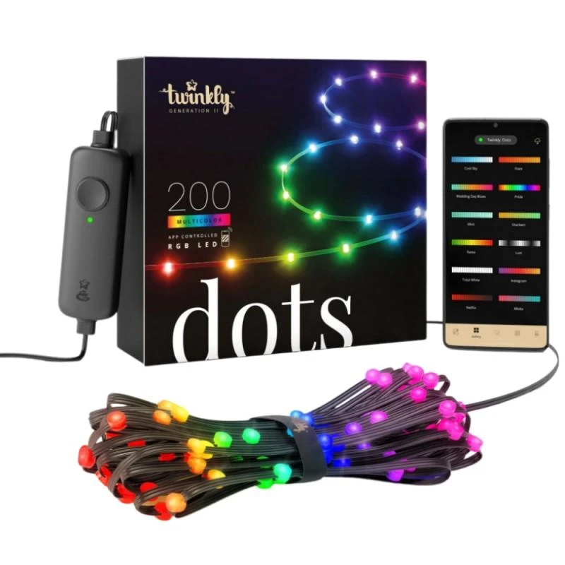 Lubinis šviestuvas „Twinkly Dots“ išmanusis LED šviestuvas 200 RGB, 10 m, juodas laidas | Daugiaspalvis