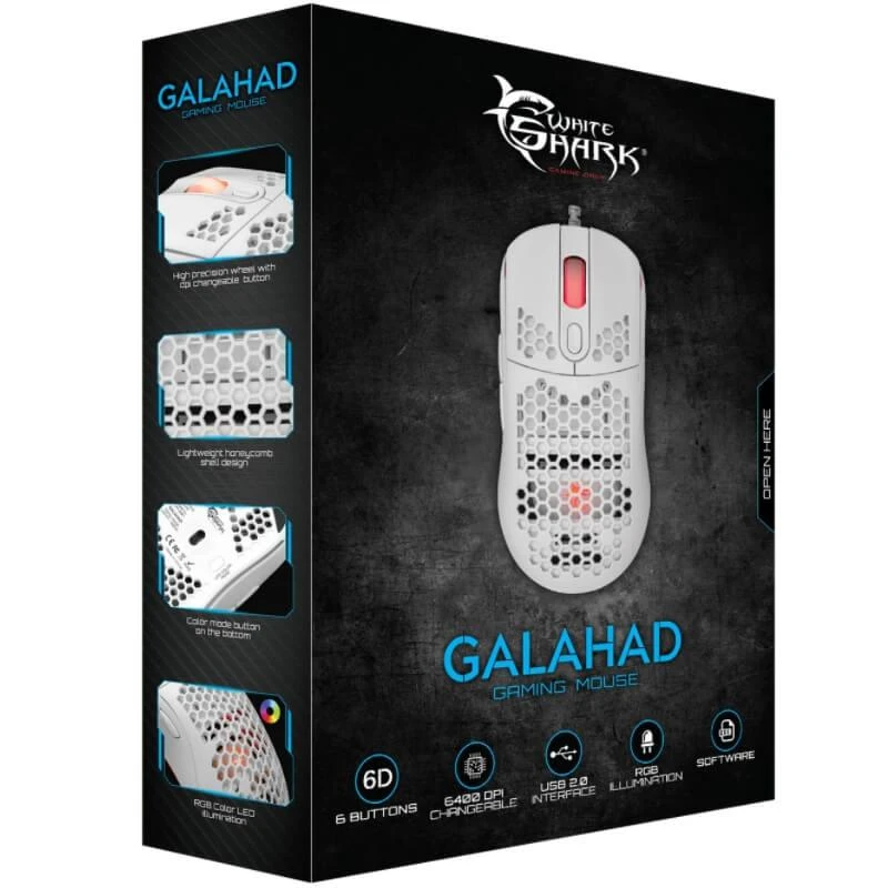 Itin lengva žaidimų pelė White Shark Galahad White, 72g