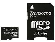 Atminties kortelė TRANSCEND 16GB micro SDHC kortelė, 10 klasė, su SD adapteriu