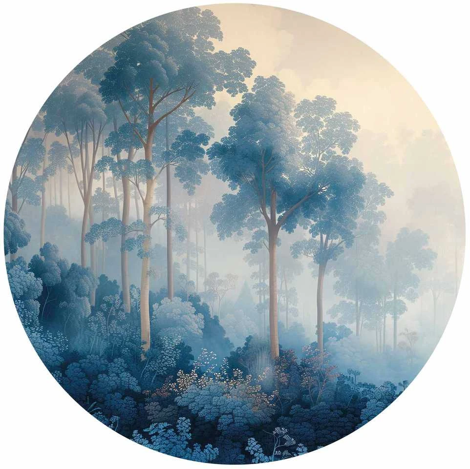 Artgeist Apvalus fototapetas - A forest in misty shades of mėlynas