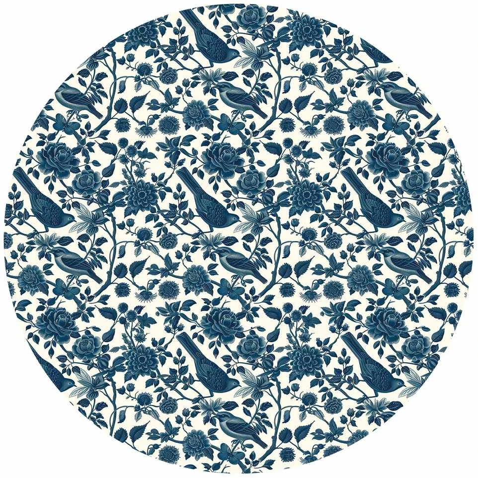 Artgeist Apvalus fototapetas - Birds and roses - monochrome mėlynas pattern with botanical motif