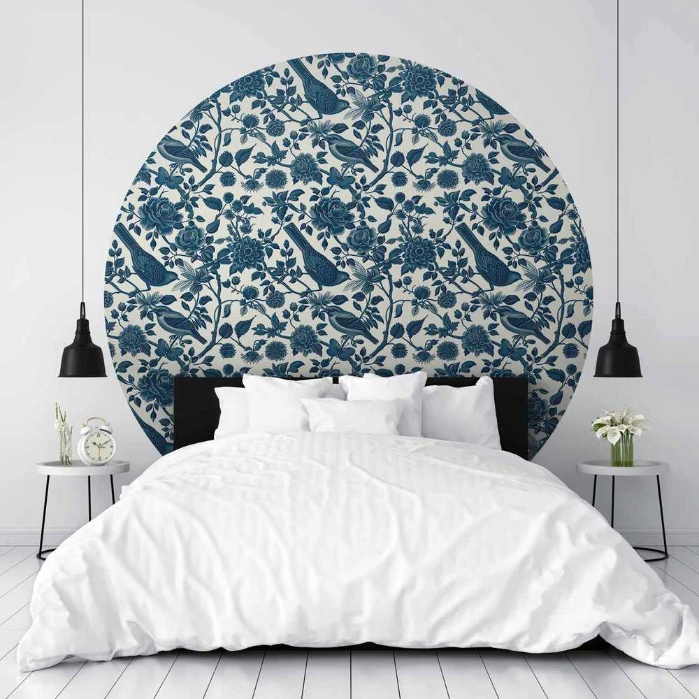 Artgeist Apvalus fototapetas - Birds and roses - monochrome mėlynas pattern with botanical motif