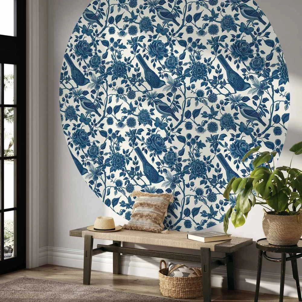 Artgeist Apvalus fototapetas - Birds and roses - monochrome mėlynas pattern with botanical motif