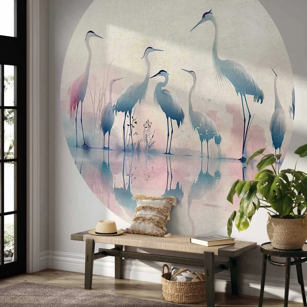 Artgeist Apvalus fototapetas - Birds by the lake - herons painted in watercolours in delicate pilkas and pink colours