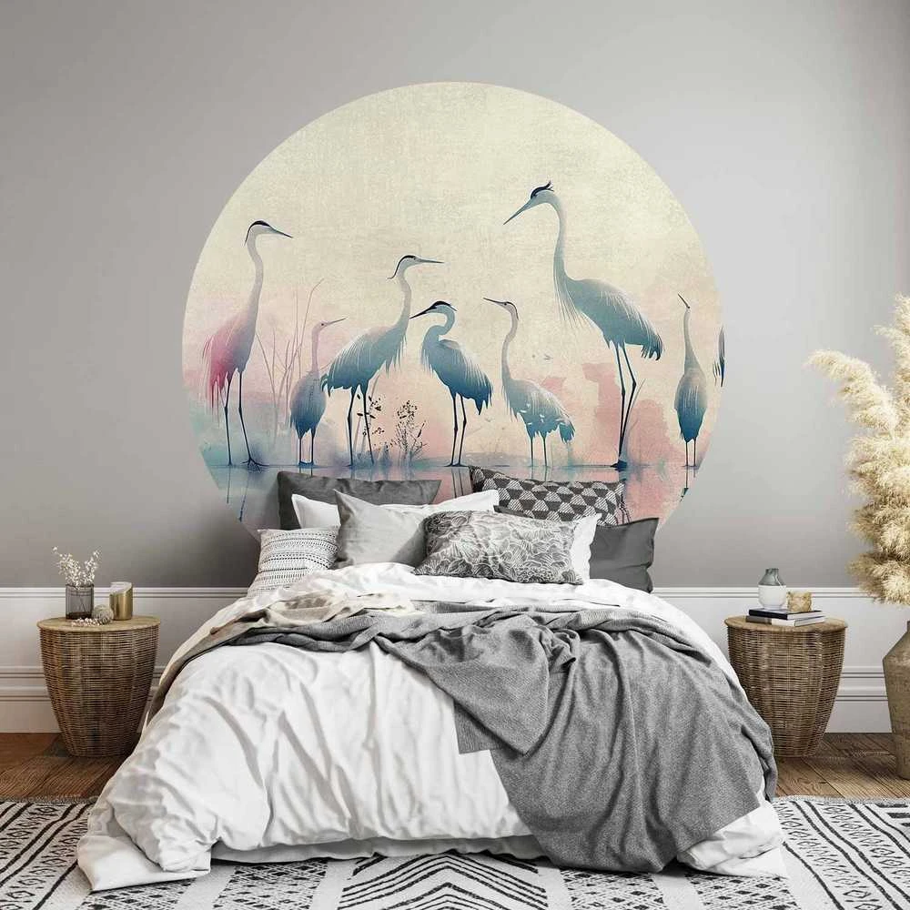 Artgeist Apvalus fototapetas - Birds by the lake - herons painted in watercolours in delicate pilkas and pink colours