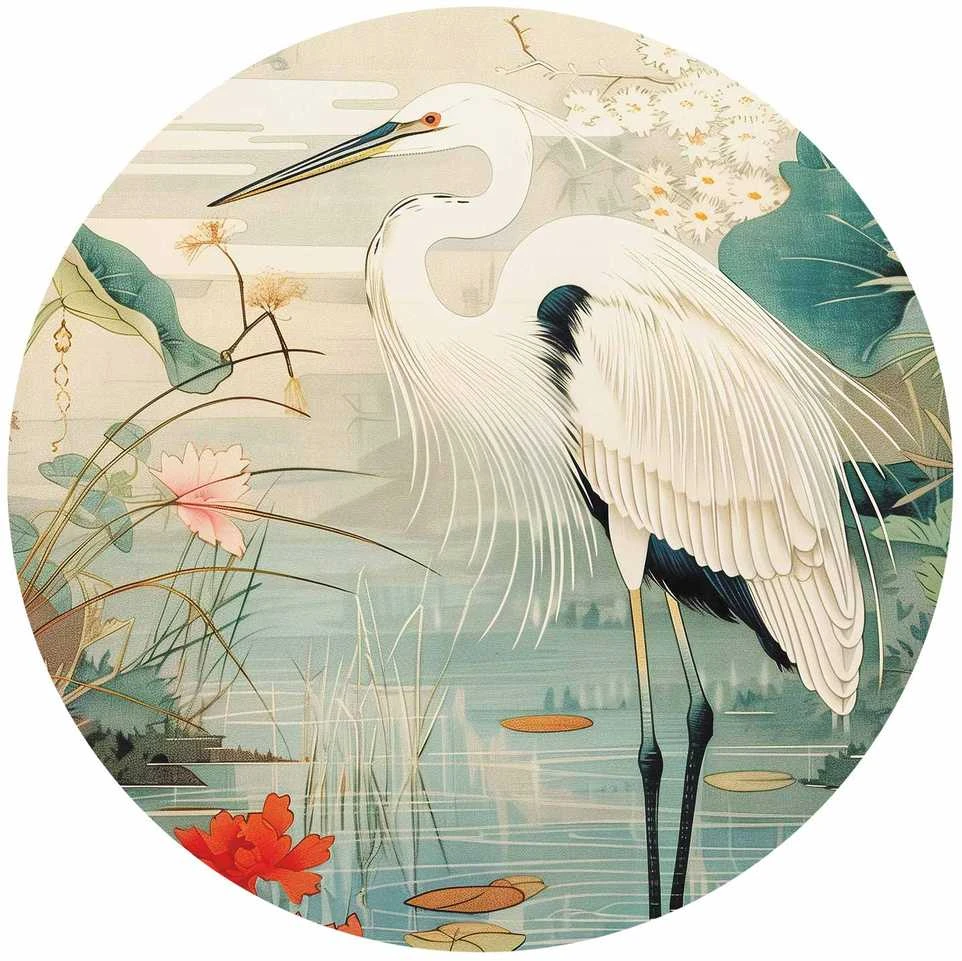 Artgeist Apvalus fototapetas - By an Asian pond - an illustration in the style of a Japanese engraving, depicting a heron