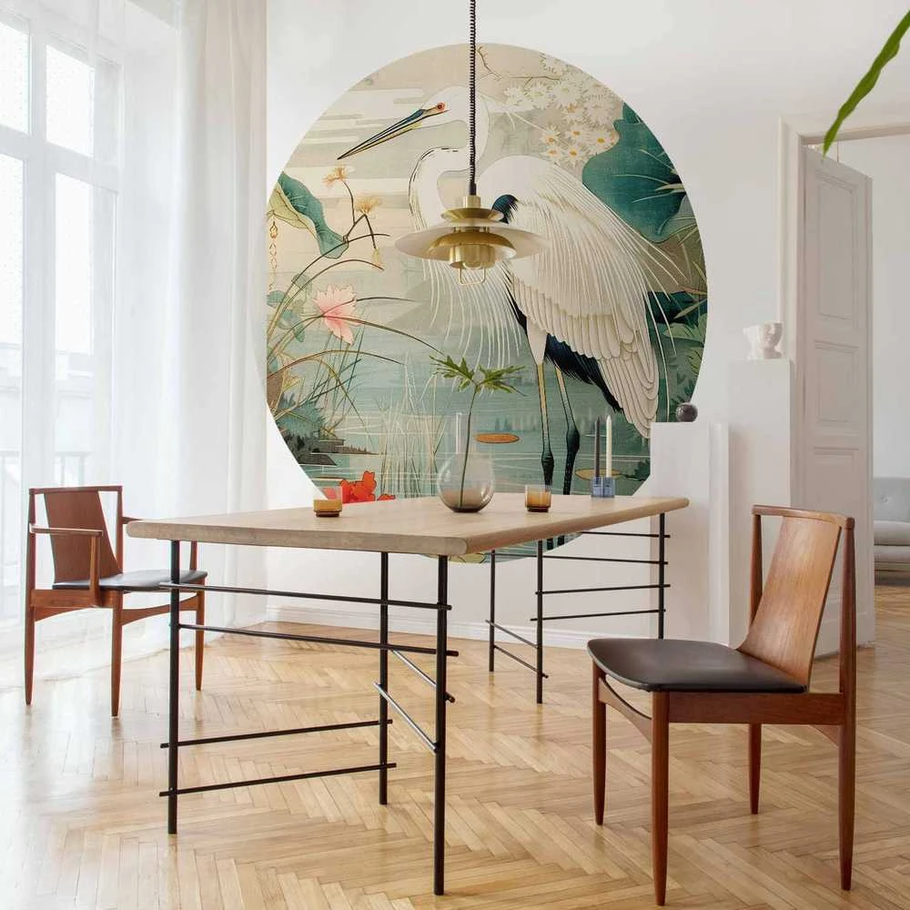Artgeist Apvalus fototapetas - By an Asian pond - an illustration in the style of a Japanese engraving, depicting a heron