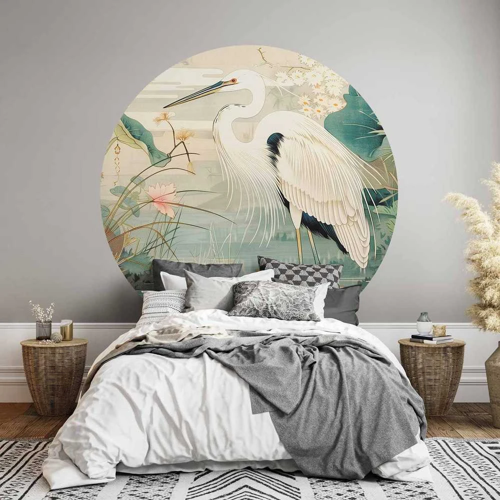 Artgeist Apvalus fototapetas - By an Asian pond - an illustration in the style of a Japanese engraving, depicting a heron