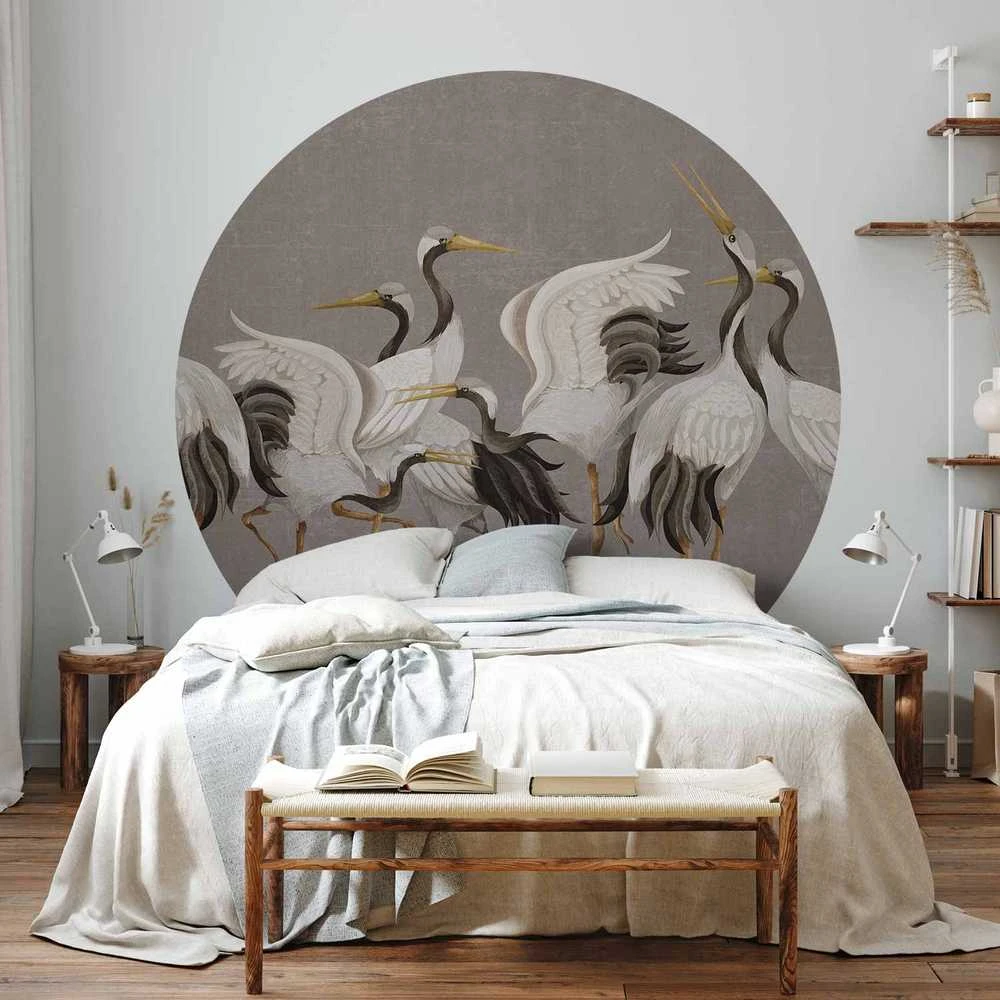 Artgeist Apvalus fototapetas - Cranes dancing - bright silhouettes of birds on a warm pilkas background with texture