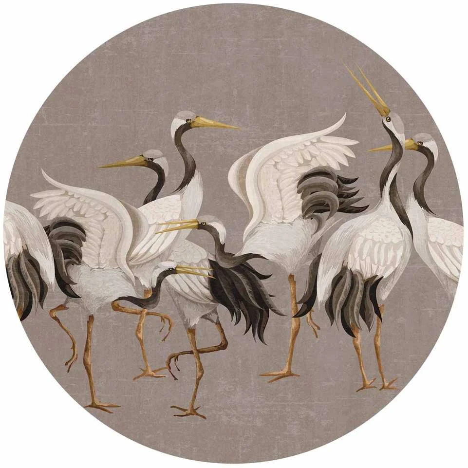 Artgeist Apvalus fototapetas - Cranes dancing - bright silhouettes of birds on a warm pilkas background with texture