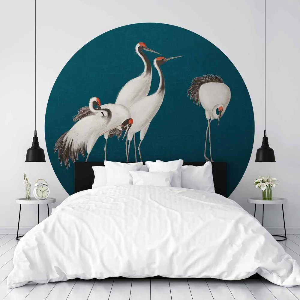 Artgeist Apvalus fototapetas - Evening by the pond - a group of cranes drawn in dry pastel on a dark turquoise background