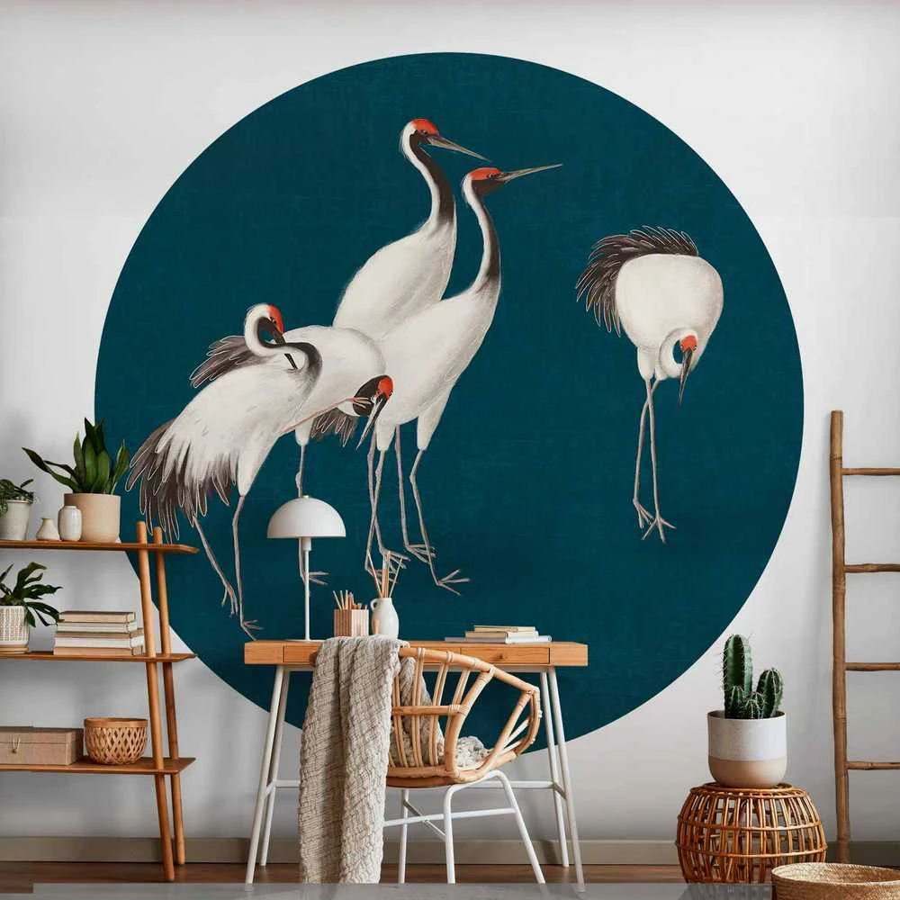 Artgeist Apvalus fototapetas - Evening by the pond - a group of cranes drawn in dry pastel on a dark turquoise background