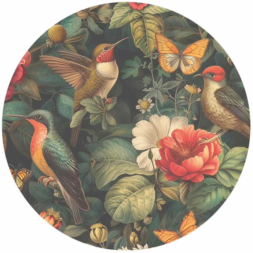 Artgeist Apvalus fototapetas - Flowers, birds and butterflies – vintage-style illustration
