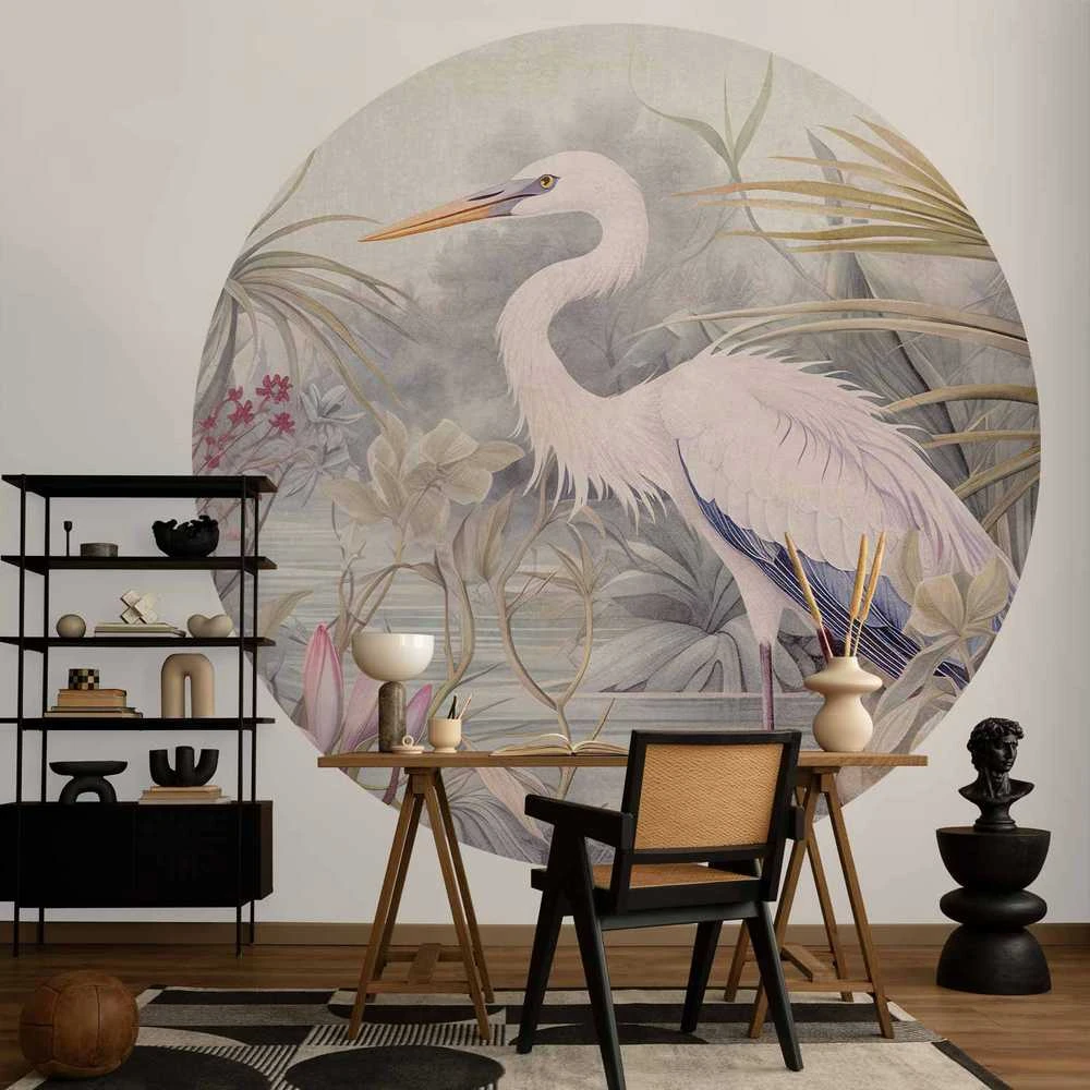 Artgeist Apvalus fototapetas - Heron wading in a pond - illustration in bright colours