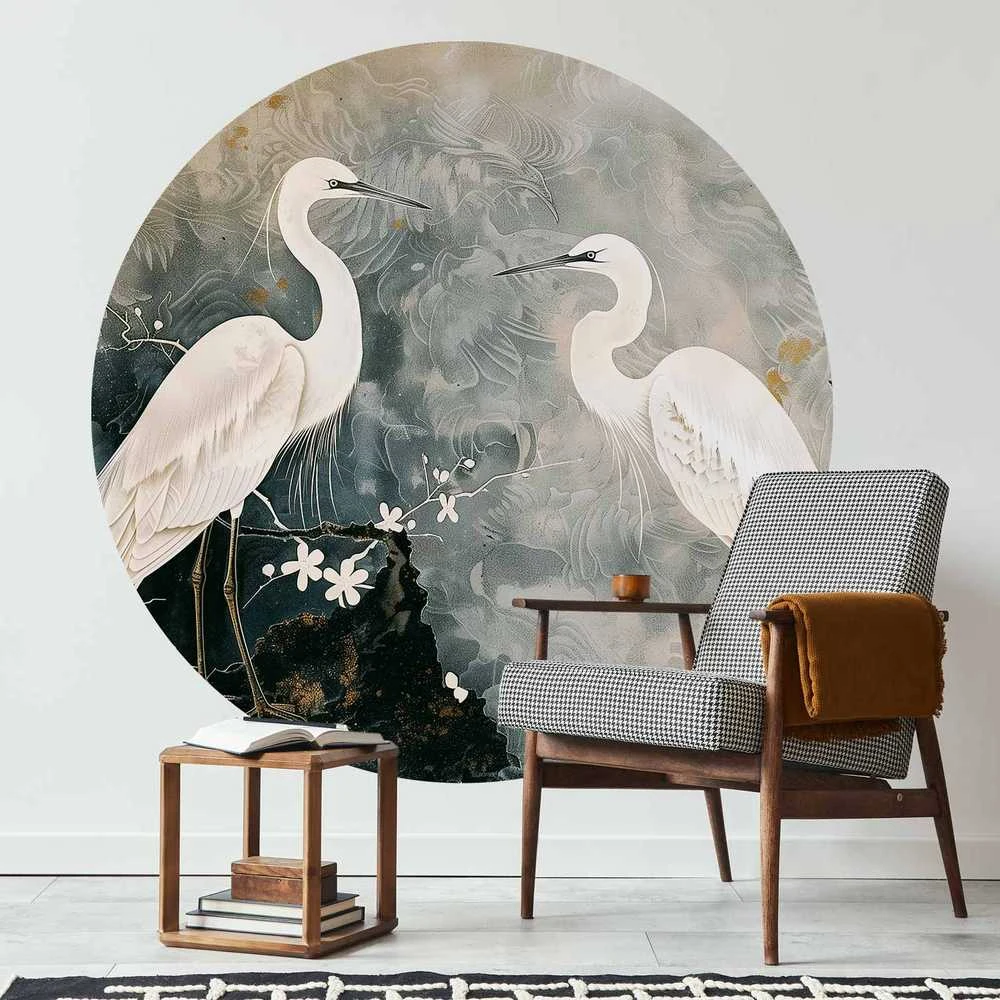 Artgeist Apvalus fototapetas - Herons and cherry blossoms - oriental-style illustration depicting birds