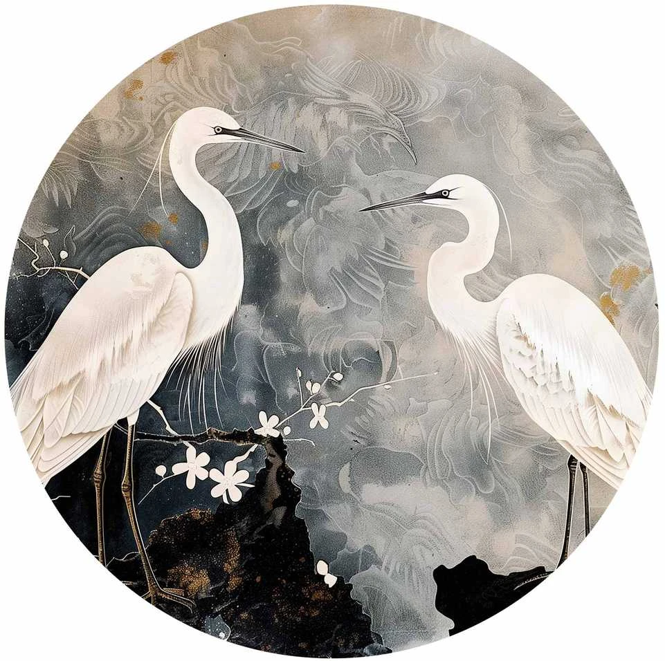 Artgeist Apvalus fototapetas - Herons and cherry blossoms - oriental-style illustration depicting birds
