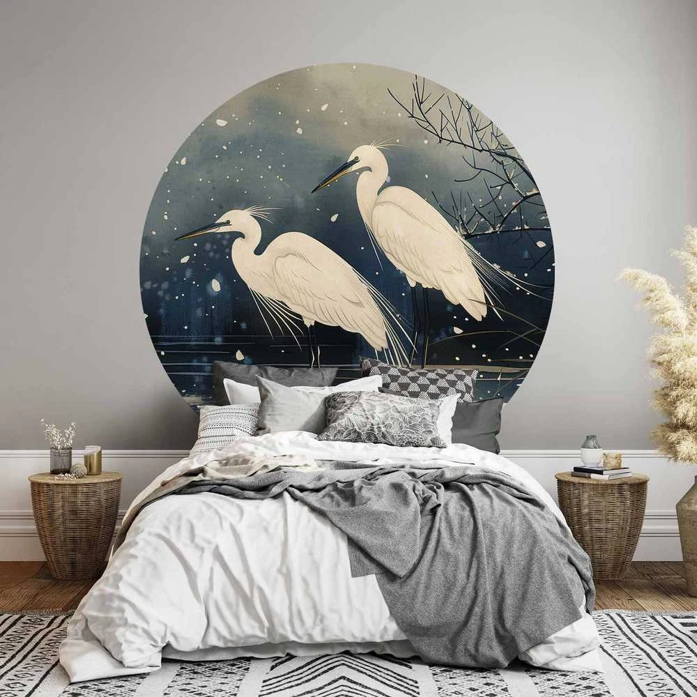 Artgeist Apvalus fototapetas - Herons over a winter pond - Japanese-style illustration in dark colours