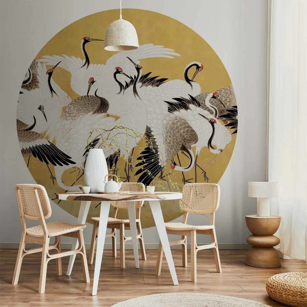 Artgeist Apvalus fototapetas - Japanese cranes - a flock of birds against a golden background based on a painting by Ishida Yūtei