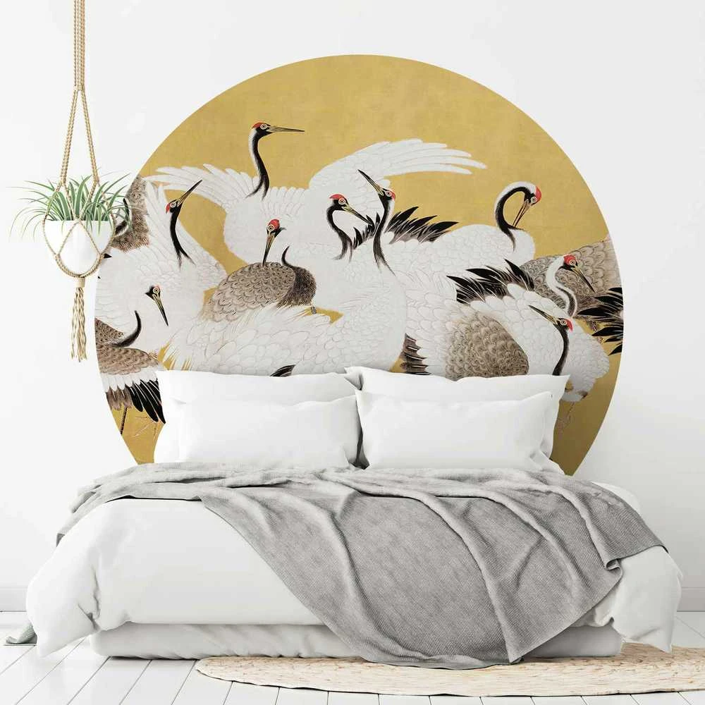 Artgeist Apvalus fototapetas - Japanese cranes - a flock of birds against a golden background based on a painting by Ishida Yūtei