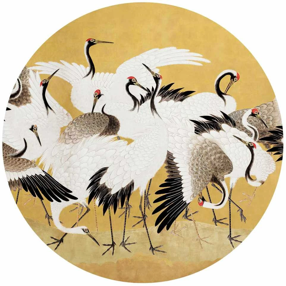 Artgeist Apvalus fototapetas - Japanese cranes - a flock of birds against a golden background based on a painting by Ishida Yūtei