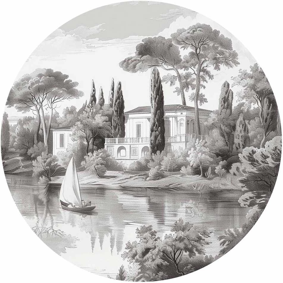 Artgeist Apvalus fototapetas - Juodas and baltas vintage landscape with a pond