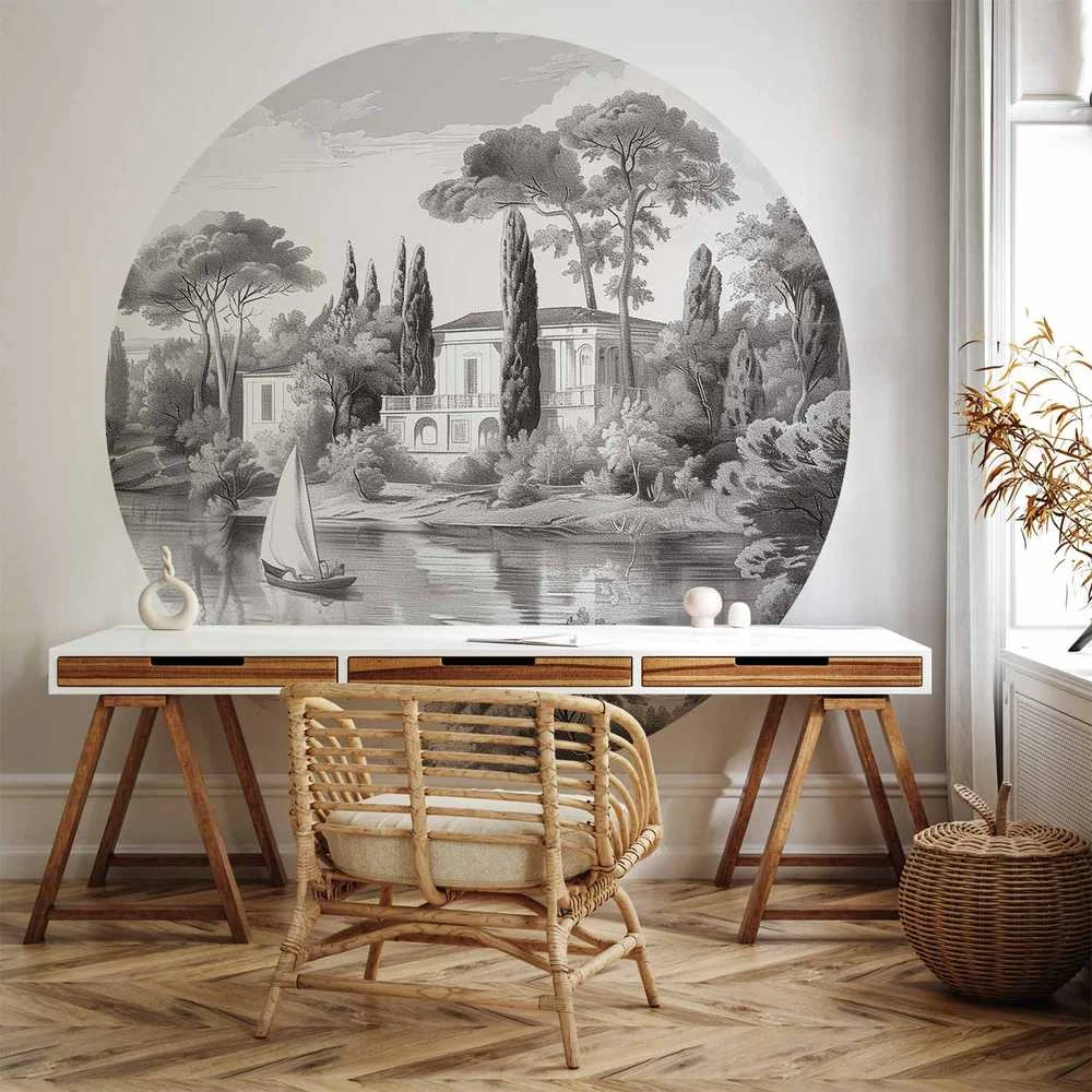 Artgeist Apvalus fototapetas - Juodas and baltas vintage landscape with a pond