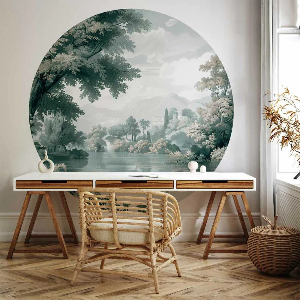 Artgeist Apvalus fototapetas - Landscape with a park and lake in retro greens