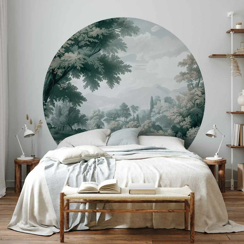 Artgeist Apvalus fototapetas - Landscape with a park and lake in retro greens