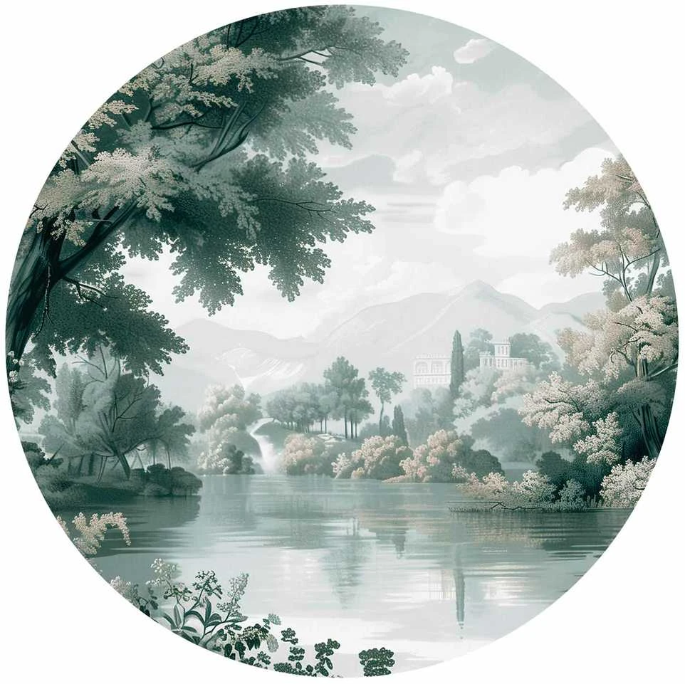 Artgeist Apvalus fototapetas - Landscape with a park and lake in retro greens