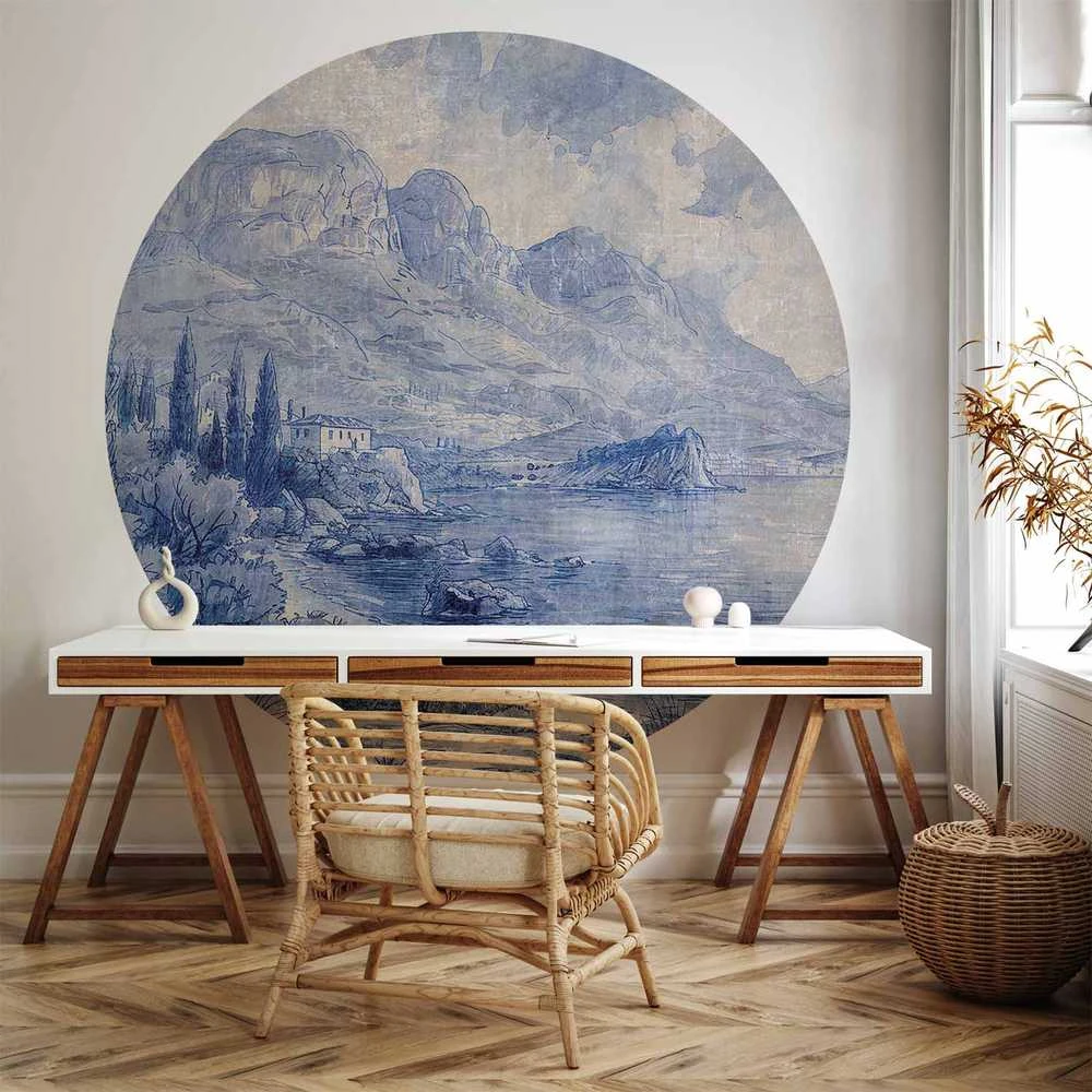 Artgeist Apvalus fototapetas - Mėlyna bay - Italian landscape of Lake Como painted with mėlynas ink