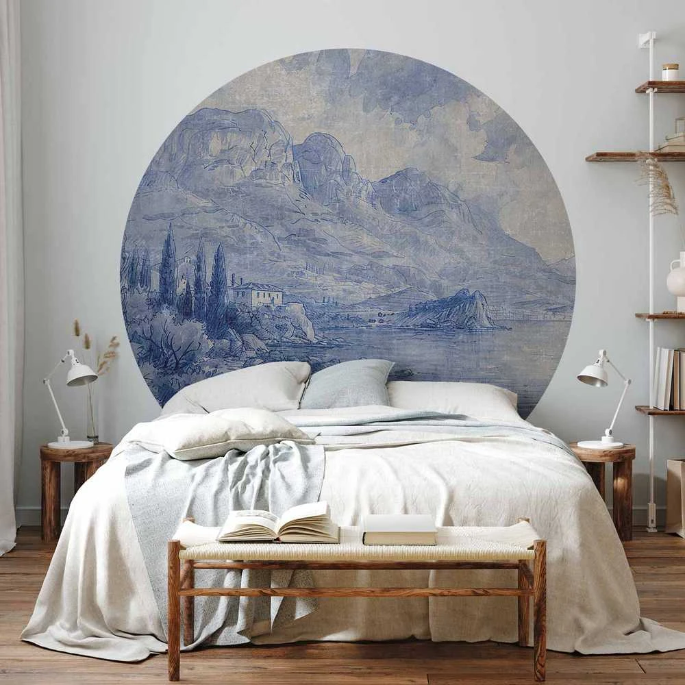 Artgeist Apvalus fototapetas - Mėlyna bay - Italian landscape of Lake Como painted with mėlynas ink