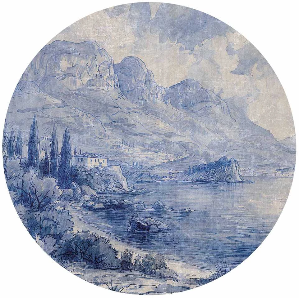 Artgeist Apvalus fototapetas - Mėlyna bay - Italian landscape of Lake Como painted with mėlynas ink