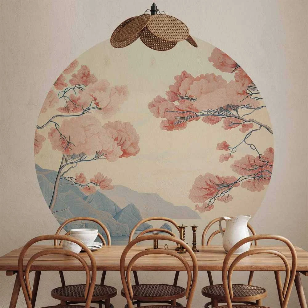 Artgeist Apvalus fototapetas - Ocean, cliffs and trees, a delicate motif in pastel colours