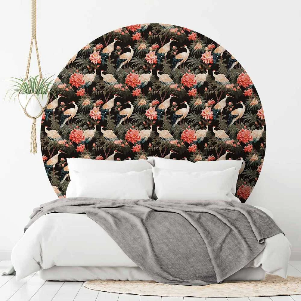 Artgeist Apvalus fototapetas - Ornament with birds – silhouettes of cranes and peony flowers on a dark background