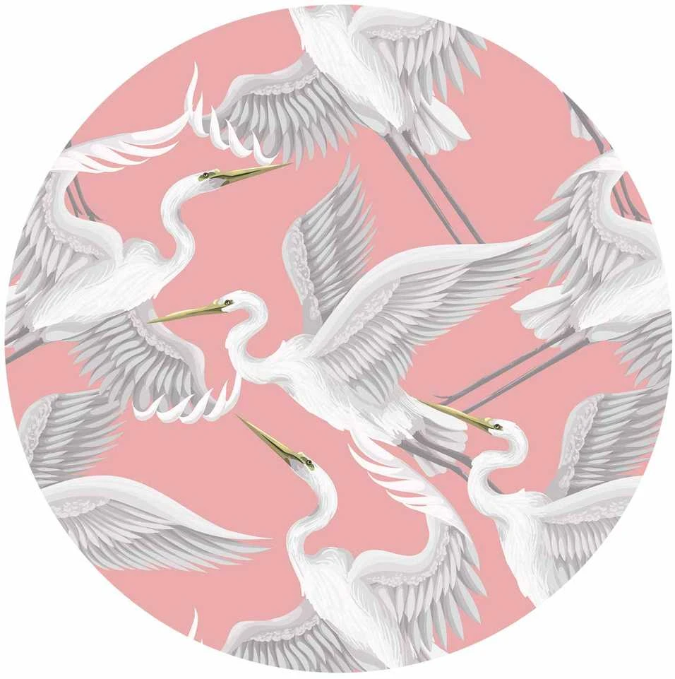 Artgeist Apvalus fototapetas - Pastel birds – a delicate pattern of baltas and pilkas herons on a light pink background
