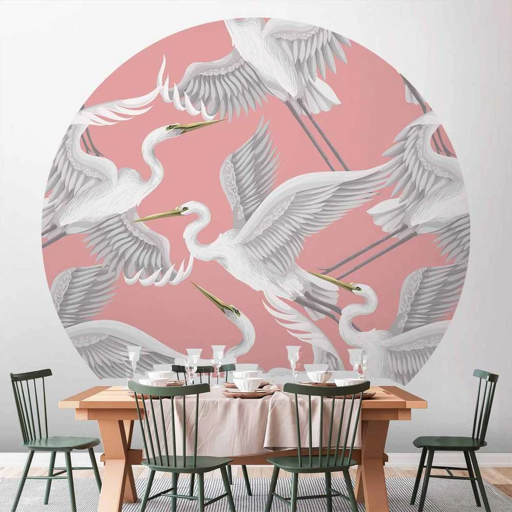Artgeist Apvalus fototapetas - Pastel birds – a delicate pattern of baltas and pilkas herons on a light pink background