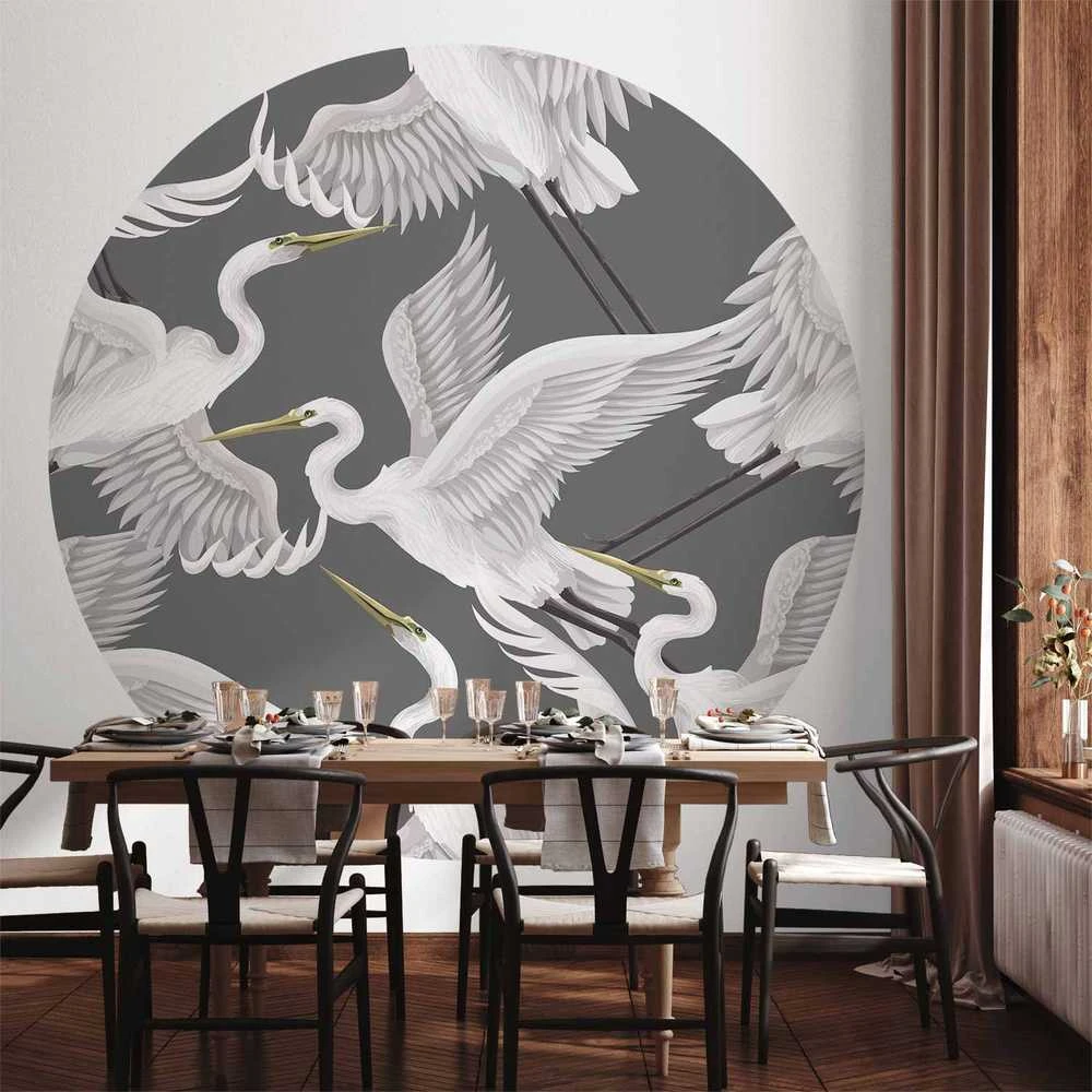 Artgeist Apvalus fototapetas - Pastel birds – a delicate pattern of baltas and pilkas herons on a light pink background
