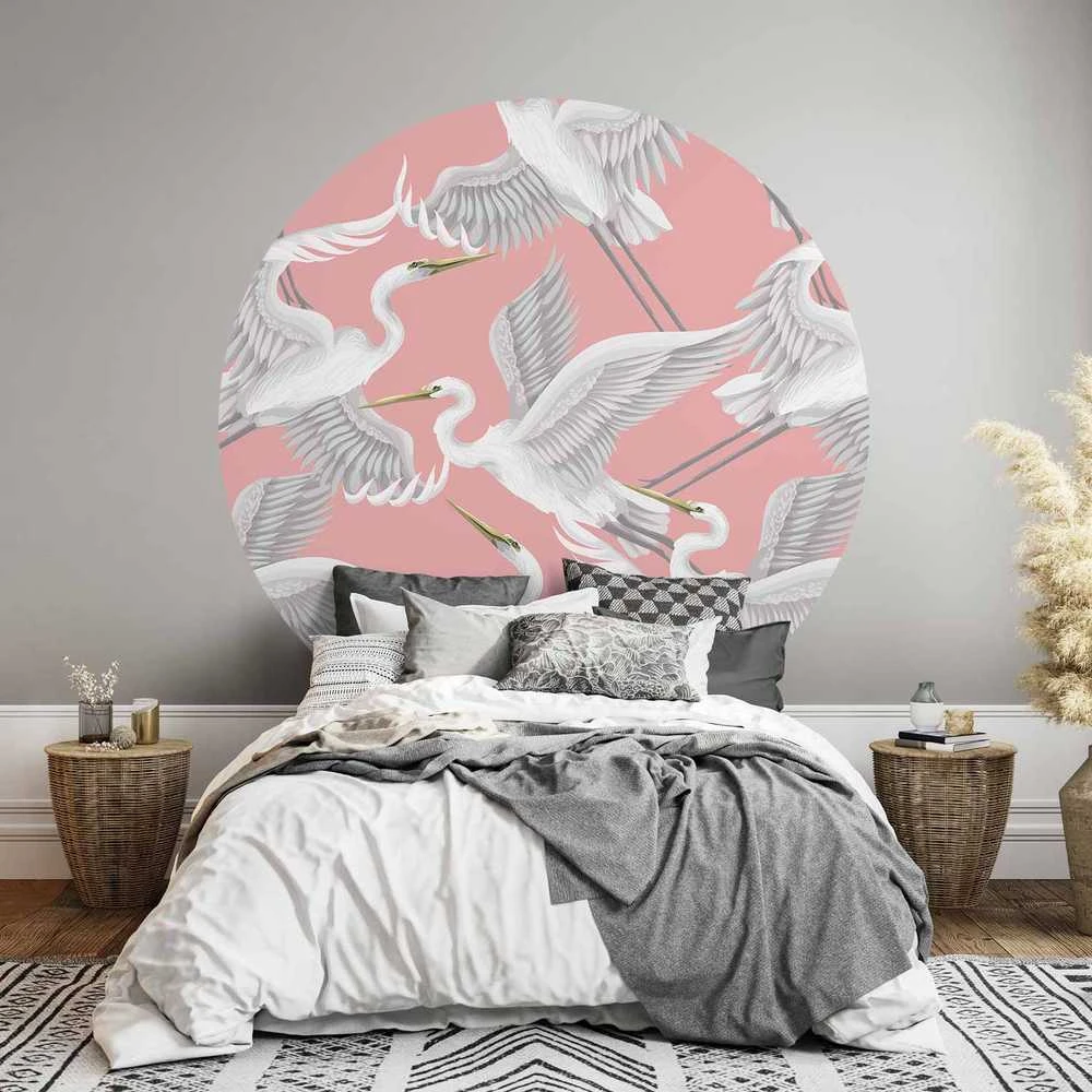 Artgeist Apvalus fototapetas - Pastel birds – a delicate pattern of baltas and pilkas herons on a light pink background