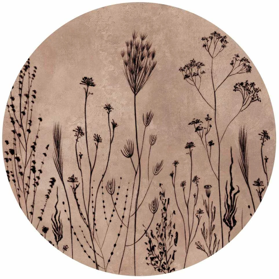 Artgeist Apvalus fototapetas - Wildflowers – juodas plants on lime-wash background