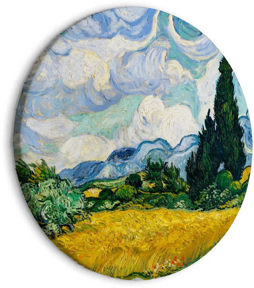 Artgeist Apvalus paveikslas ant drobės - Vincent Van Gogh - A Landscape With a Geltona Field of Chrysanthemum and a Cypress Tree