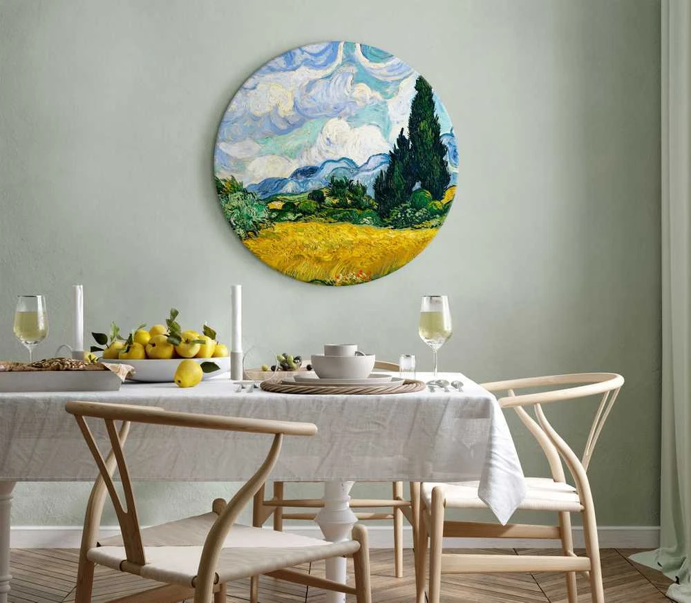 Artgeist Apvalus paveikslas ant drobės - Vincent Van Gogh - A Landscape With a Geltona Field of Chrysanthemum and a Cypress Tree