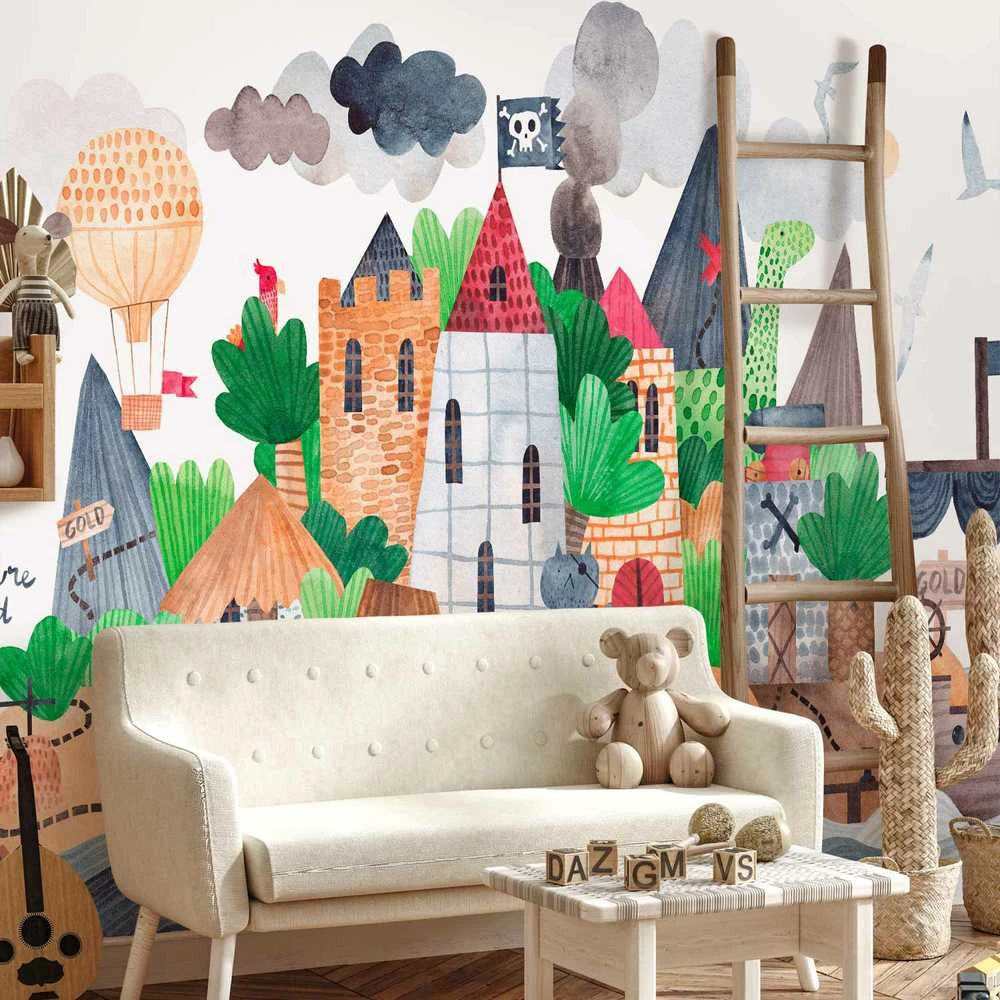 Artgeist Fototapetas - A colourful treasure island with a castle - a pirate ship at sea for children